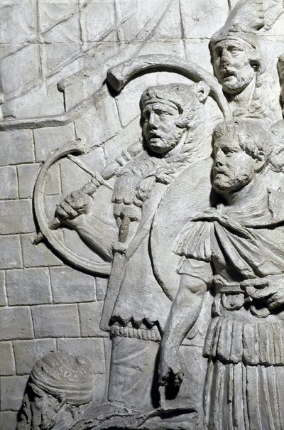 Romersk konst: "" Romerska krigare under det första kriget i Dacia"" Form från 1862 som återger basrelieferna av kolonn Trajanus (kolonn Trajanus) (Colonna Traiana) i Rom byggd under kejsar Trajanus (53-117) regeringstid. . Trajane-kolumnen firar minnet av av Roman Roman