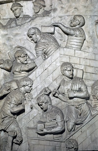 Romersk konst: "" konstruktion av ett fort i det romerska lägret"" Form från 1862 som återger basrelieferna av kolonn Trajanus (kolonn Trajanus) (Colonna Traiana) i Rom byggd under kejsar Trajanus (53-117) regeringstid. . Trajane-kolonnen firar t av Roman Roman