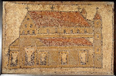 Romersk konst: mosaik av en basilika representerad i perspektiv, 2:a hälften av 400-talet, Nära Östern - Paris, Louvren - Romersk konst: mosaik av Qabr Hiram nära Tyrus i Fenicien, från en tidig bysantinsk (paleokristen) kyrka ägnad åt Saint Christop av Roman Roman