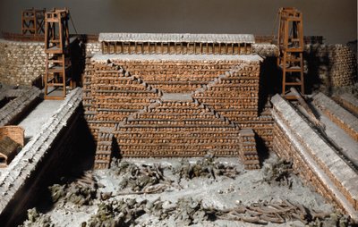 Romersk antikvitet: modell som återger belägringen av Avaricum (nuvarande Bourges) av Jules Cesars romerska legioner mot Vercingetorix armé under Gallienkriget. 52 f.Kr. En trädstammad agger framför Avaricum-väggen. Rom, Museo della Civilta R av Roman Roman