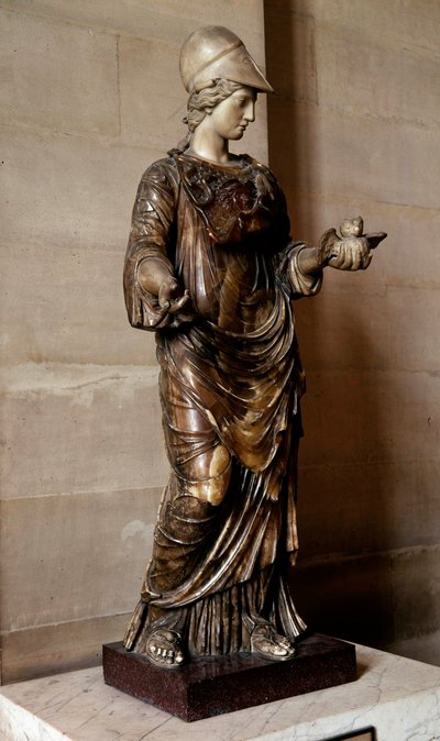 Romersk antikvitet: staty av Minerva draperad och täckt med egiden som håller en uggla i handen. Skulptur i albaster och marmor. Hon är identifierad med den grekiska gudinnan Athena. Sön 1.33 m. Paris, Louvren av Roman Roman