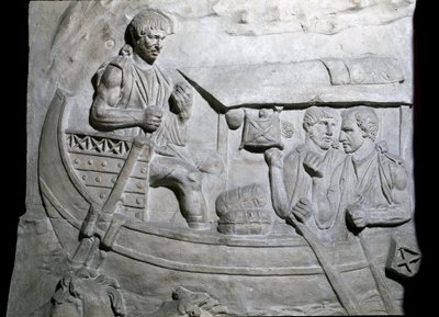 Romersk konst: "" Romerska soldater på ett skepp under det första kriget i Dacia"" Form från 1862 som återger basrelieferna av kolonnen Trajanus (kolonn Trajanus) (Colonna Traiana) i Rom byggd under kejsar Trajanus regeringstid (53) -117). Trajane-kolumnen av Roman Roman