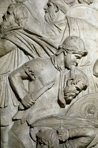 Romersk konst: "" romersk krigare som håller huvudet på en fiende krigare mellan sina tänder"" Form från 1862 som återger basrelieferna av kolonnen av Trajanus (kolonn Trajanus) (Colonna Traiana) i Rom byggd under kejsar Trajanus regeringstid ( 53-117). Tr av Roman Roman