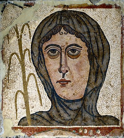 Romersk konst: allegori om vintern som en kvinna som bär slöja. Mosaik från 400-talet. Från Quintana del Marco (Leon) Spanien Madrid, Arkeologiska museet av Roman Roman