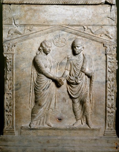Romersk konst: begravningsaltare dekorerar scenen för ett bröllop (Junctio dextrarum). Låg lättnad. Rom, Museo Nazionale Romano av Roman Roman