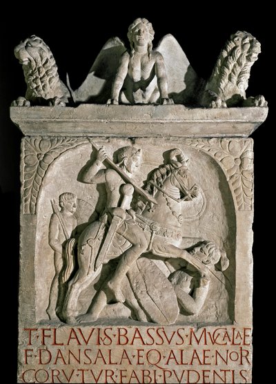 Romersk konst: begravningsstele för aristokraten och den romerske politikern Flavius Bassus Herculanus (känd omkring 449-452) 500-talet e.Kr. Rom, Museo della Civilta Romana av Roman Roman