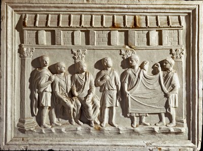 Romersk konst: lågreliefform som representerar ett tyg och gobelänger. Från ett original från 200-talet e.Kr. Rom Museo della Civilta Romana av Roman Roman
