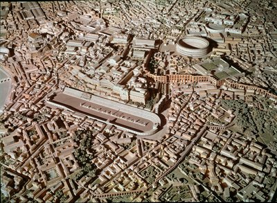 Romersk konst: modell som visar staden Rom under antiken. I centrum reserverar Circus Maximus eller Grand Circus för tankrace. Rom, Museo della Civilta romana - romersk konst. Circus Maximus och etruskiska murar. Detalj från rekonstruktionsmodellen av Roman Roman