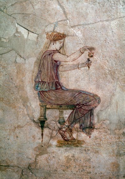 Romersk konst: kvinna som sitter och häller parfym i en vas Väggmålning, 25 e.Kr av Roman Roman