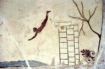 Romersk väggmålning av graven som kallas dykaren (tuffatore). av Roman Roman