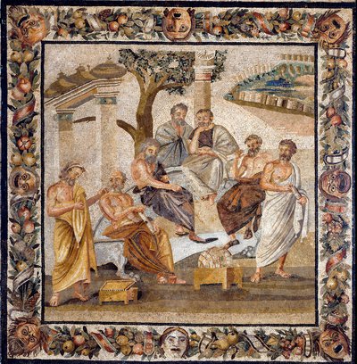 Platons akademi: filosofen som sitter i centrum undervisar en grupp lärjungar från Atens akademi (grundad av honom 378 f.Kr.) - Mosaik som finns i Boscotrecase, nu utställd på Nationalmuseet, Neapel. - Platons akademi: filosofen - av Roman Roman
