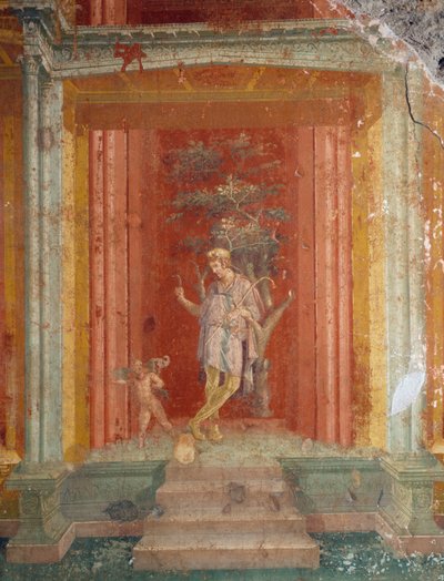 Teaterscen, fresco (IV-stil) mot röd bakgrund från Pinarius Cerialis hus, Pompeji (Unescos världsarvslista) av Roman Roman