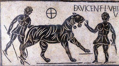 Tigertämjare i Colosseums väggar - romersk mosaik av Roman Roman
