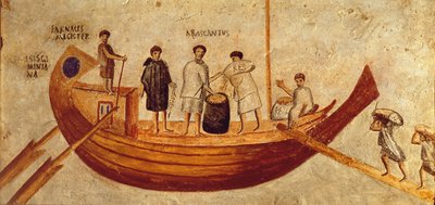 Lossning av spannmål från fartyget, Isis Giminiana, från Ostia, 2:a-3:e århundradet (fresk) av Roman Roman