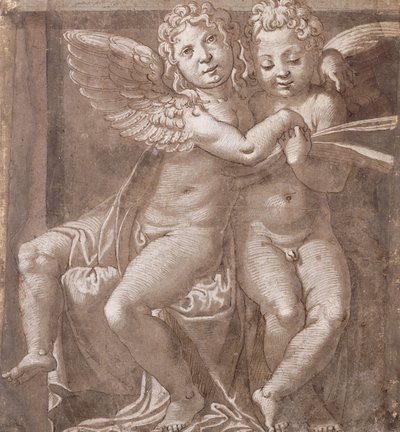 Två sittande änglar som sjunger, efter Polidoro da Caravaggio (penna och brunt bläck brun tvätt med vitt på gråblått papper) av Roman School