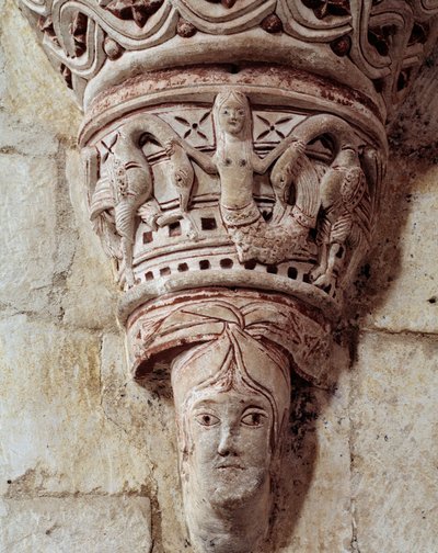 En sjöjungfru, huggen huvudstad i koret av Romanesque