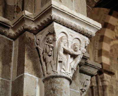 Esau återvänder från jakt och befinner sig framför sin far Isaac som välsignar Jakob (uthuggen huvudstad) av Romanesque