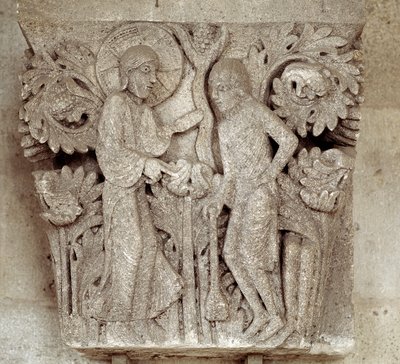 Gud och Kain (ristad huvudstad) av Romanesque