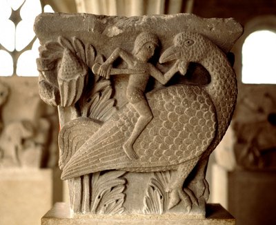 Representation av en strid mellan en man och en fågel (kapitlets huvudstad) av Romanesque