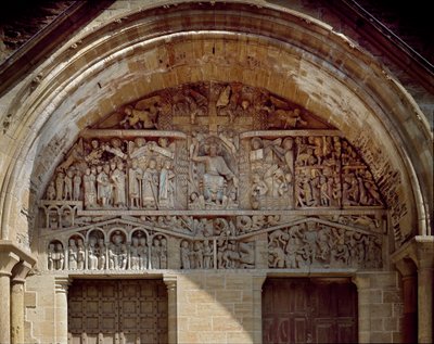 Romansk konst: Tympan skulpterad representerande den sista domen, till höger om Kristusparadiset, till vänster, helvetets kaos. Skulptur (1130-1140) av Abbey Church of Sainte Foy (Sainte-Foy) i Conques (Aveyron), Frankrike. av Romanesque