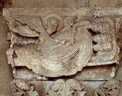 Magerna sover med en ängel som väcker dem och pekar mot Betlehems stjärna (utskuren huvudstad) av Romanesque