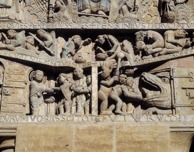 Utsikt över den sista domens tympanon, detalj av helvetet (skulptur av Romanesque