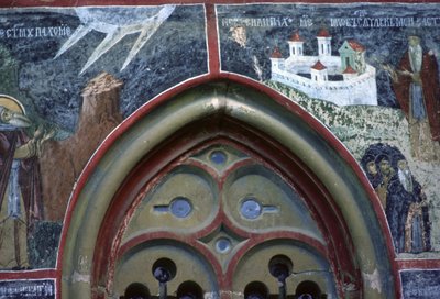 Gotiskt fönster och St Pachomius liv, från kyrkans norra vägg, ca 1601 av Romanian School