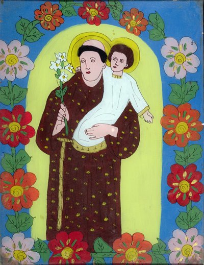 Sankt Antonius av Padua (1195-1231) från Transsylvanien, 1950-80 (målat glas) av Romanian School