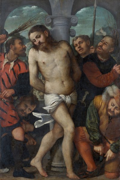 The Flagellation, omvänd The Madonna of Mercy, ca. 1540. av Romanino