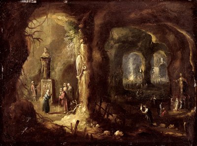 Grotta med statyer och många figurer som dyrkar avgudar (S:t Simeon Stylites), ca 1640 (olja på koppar) av Rombout van Troyen