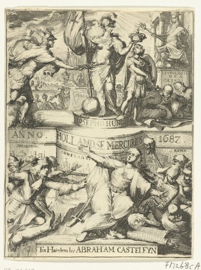 Titelsida för den holländska Merkurius om år 1687 av Romeyn de Hooghe (attributed to)