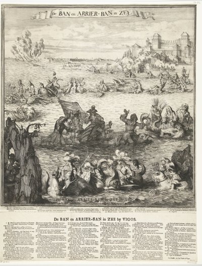 Tecknad film om intagandet av silverflottan i Vigo, 1702 Förbudet och ankomstförbudet i havet (titel på objektet) Förbudet och ankomstförbudet i havet vid Vigos (titel på objektet) av Romeyn de Hooghe (possibly)