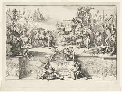 Allegori om Leopold I:s segrar Divo et invictissimo Leopoldo I (titel på objekt) Leopold I:s intåg i Bryssel efter att ha besegrat turkarna, 1686 (serietitel) av Romeyn de Hooghe