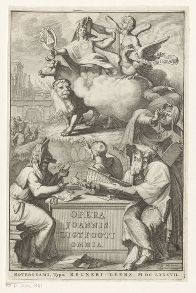 Allegorisk figur med judisk man Titelsida för: John Lightfoot, Opera Joannis Ligtfooti omnia, 1686 av Romeyn de Hooghe