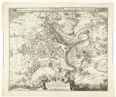 Bombardement av Luxemburg genom de maarschalk de Créquy, 1684 Luxemburg, leda. efternamn metropol en chimacensprins stren def. reg. Men Galliens armar ockuperade honom. 4 juni Ao. 8834 (titel på objekt) av Romeyn de Hooghe