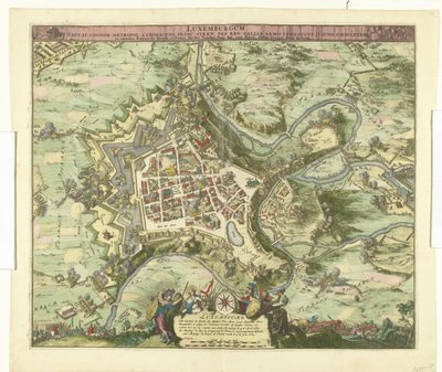 Bombardement av Luxemburg genom de maarschalk de Créquy, 1684 Luxemburg, leda. efternamn metropol en chimacensprins stren def. Reg. Men Galliens armar ockuperade honom. 4 juni Ao. 8834 (titel på objekt) av Romeyn de Hooghe