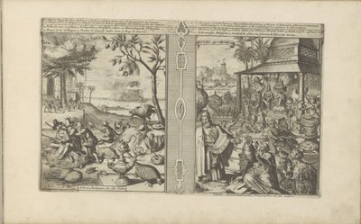 Bomen, dieren en noten; Verering van godsbilden Mangas Nooten / Träd, Djur, etc. of India // Tyden, Afgoden / Idoler, matematiker, filosofer etc. of India (titel på objekt) Öst- och Västindien och andra platser (serietitel) av Romeyn de Hooghe