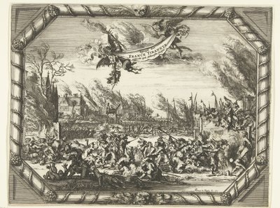 Franska grymheter i Bodegraven och Zwammerdam, 1672 Spiegel der France Tirannye pläderade vid Hollantsche Dorpen (titel på objekt) av Romeyn de Hooghe