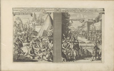 Läkare i Arclada; Jesuit rakad av en tollmaster i Golkonda Guerisons infames des Arclades / Rude Healings // Roi de Golconde, Douane, etc / Toll, en Cases (titel på objekt) Les Indes Orientales et Occidentales et autres av Romeyn de Hooghe