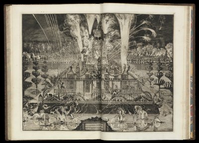 Stort fyrverkeri. Från "Hans brittiska majestäts triumfartade återkomst till Holland" (CBL AL 146, pl. 67) av Romeyn de Hooghe