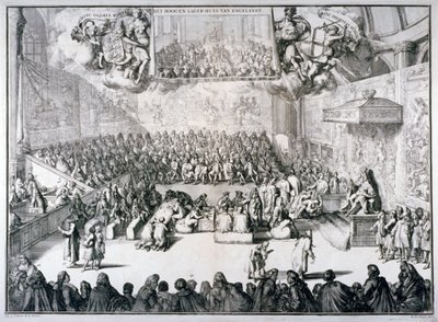 "The Upper and Lower House of England", 1689 av Romeyn de Hooghe