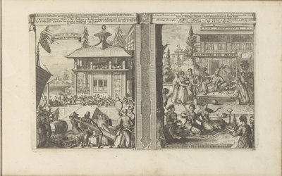 Japansk köphandel; Hof van de koning van de Calaminhans Japans koophandel / Trade of Japan // Calaminhans Eer Pracht / Magnificence of King Calaminhan, i Ostindien (titel på objektet) Öst- och Västindien och andra platser (serie av Romeyn de Hooghe