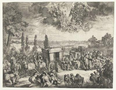 Karl II av Spanien knäböjer vid en vagn av Romeyn de Hooghe