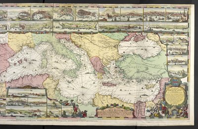 Karta över Medelhavet med allegoriska figurer och havsmonster som pryder infällningarna, från "The French Neptune and Atlas Maritime and Suite du Neptune François", av Charles Pene och Pieter Mortier av Romeyn de Hooghe