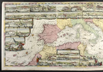 Karta över Medelhavet med allegoriska figurer och havsmonster som pryder infällningarna, från "The French Neptune and Atlas Maritime and Suite du Neptune François", av Charles Pene och Pieter Mortier av Romeyn de Hooghe