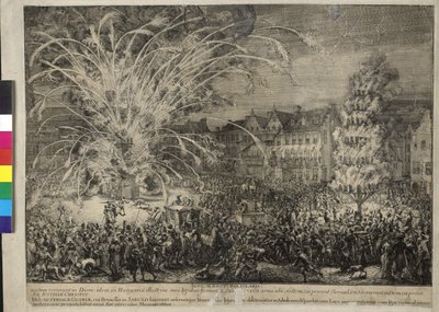 Nattligt fyrverkeri på Rue des Sablons i Bryssel 1686 (etsning) av Romeyn de Hooghe