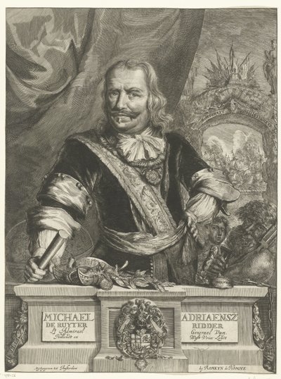Porträtt av Michiel de Ruyter Michael Adriaensz de Ruyter Knight Generallöjtnant amiral Van Hollandt och West Vrieslandt (titel på objektet) av Romeyn de Hooghe