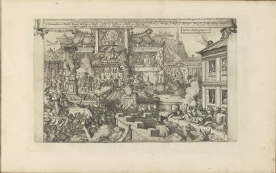 Religion i Japan Japanska afgoden / Japanska idoler (titel på objekt) Öst- och Västindien och andra platser (serietitel) av Romeyn de Hooghe