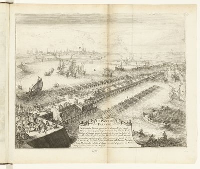 Parmaskeppsbro över Schelde, 1585 Le Pont de Farnese (titel på objekt) Guerres de Flandres (serietitel) av Romeyn de Hooghe