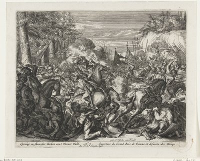 Strid mellan habsburgare och turkar i Wienskogen Öppnande och misshandel av turkarna aent Weener Wald (titel på objektet) av Romeyn de Hooghe